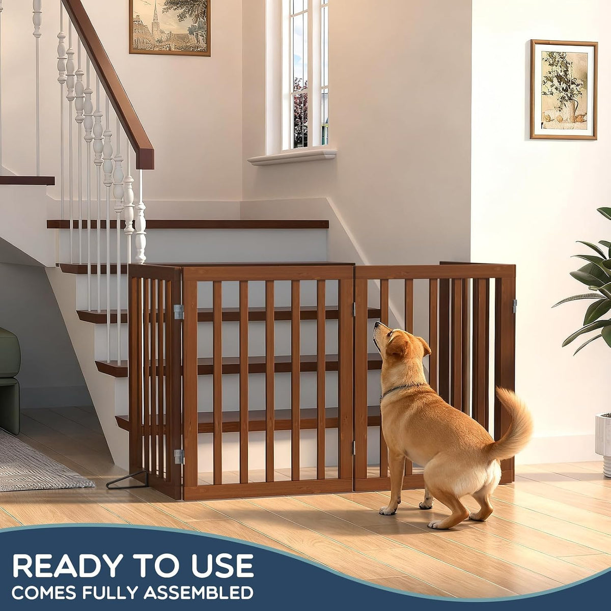 Homykic Freestanding Dog Gate Indoor, 75”W X 24”H Bamboo Pet Gate, Walnut