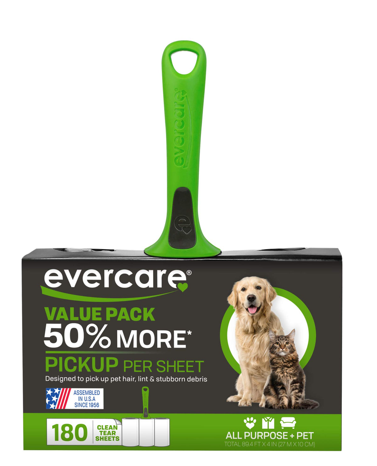 Evercare Giant Extreme Stick Lint Roller Brushes with 60 Easy-Peel Sheets, Pack of 5 Refillable Lint Rollers for Hair and Debris (300 Sheets Total)