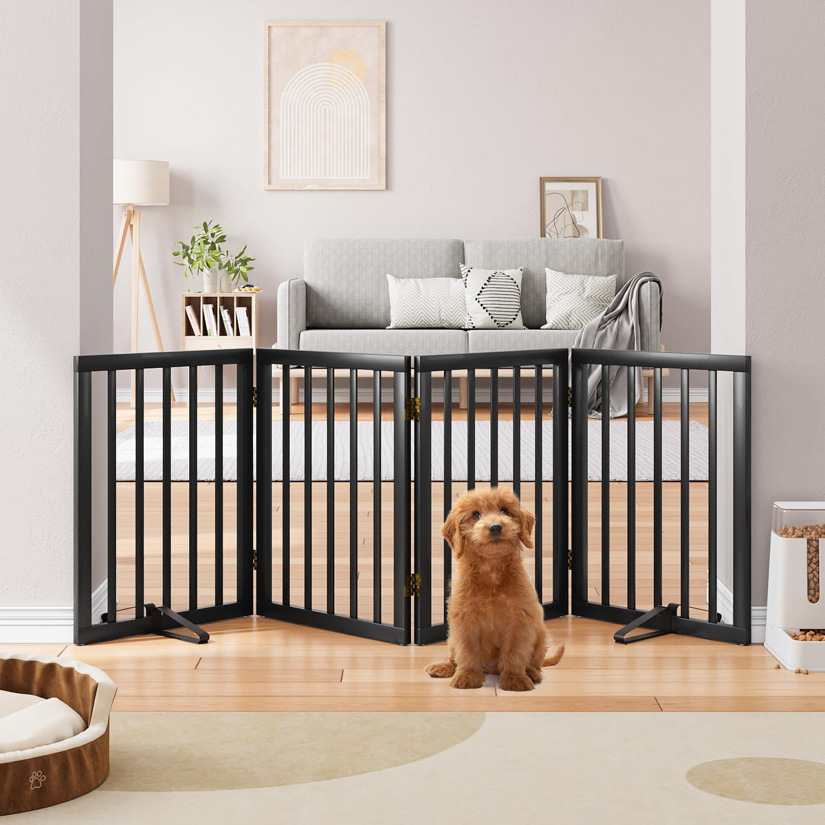 Semiocthome Dog Gate Indoor 2-Panel Freestanding Puppy Gates for The House with 2 Metal Stands 24" H Folding Wood Pet Gate for Stairs Doorway, Fully Assembled Safety Fence - Walnut