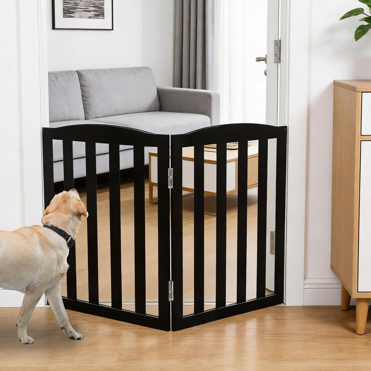 Freestanding Dog Gate Indoor,Doggie Gate Foldable Pet Gates for Doorways,Stairs or Hallways, Wooden White Pet Gate for the House, Pet Fence with Support Feet Included,24 "Height-3 Panels