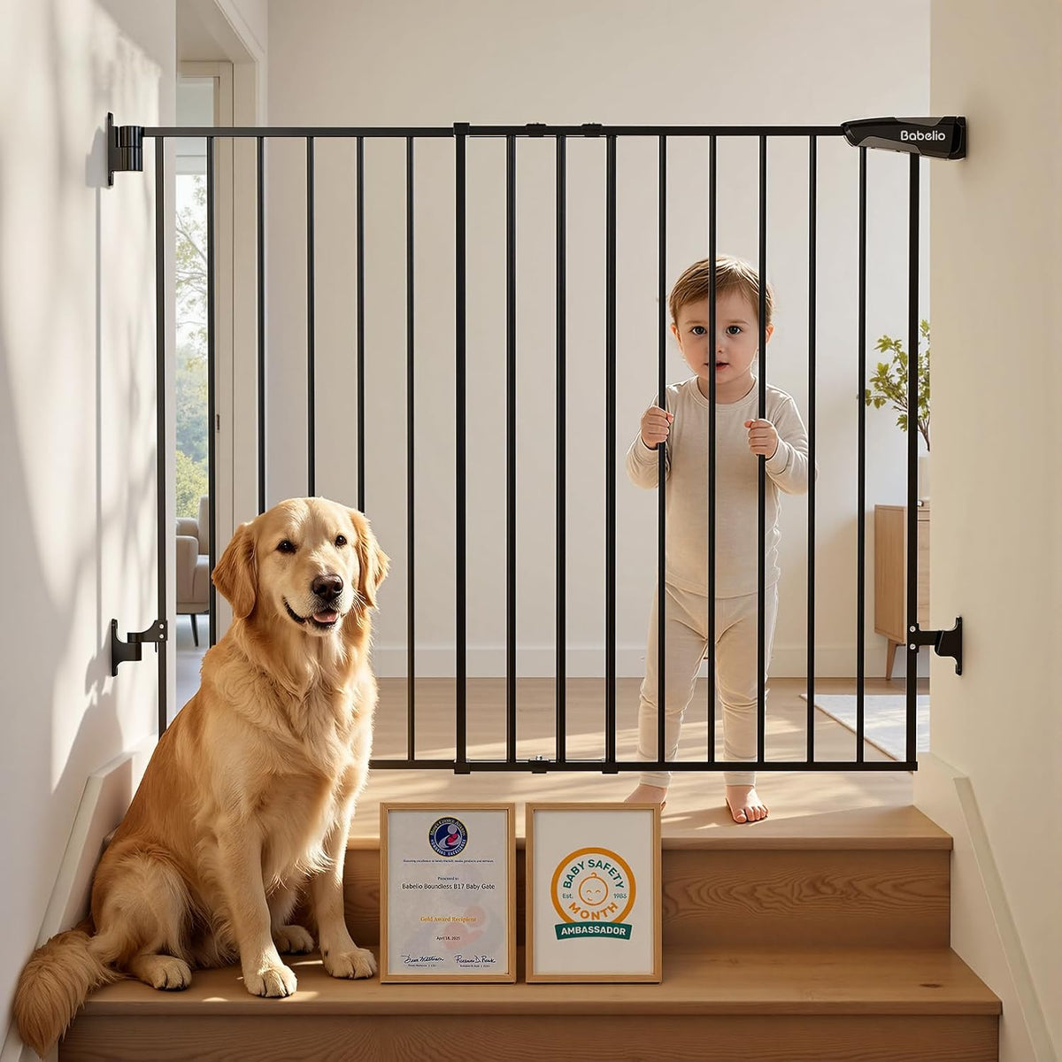 Babelio 34" Extra Tall No Bottom Bar Baby Gate, 26-43", Brown Wood Pattern