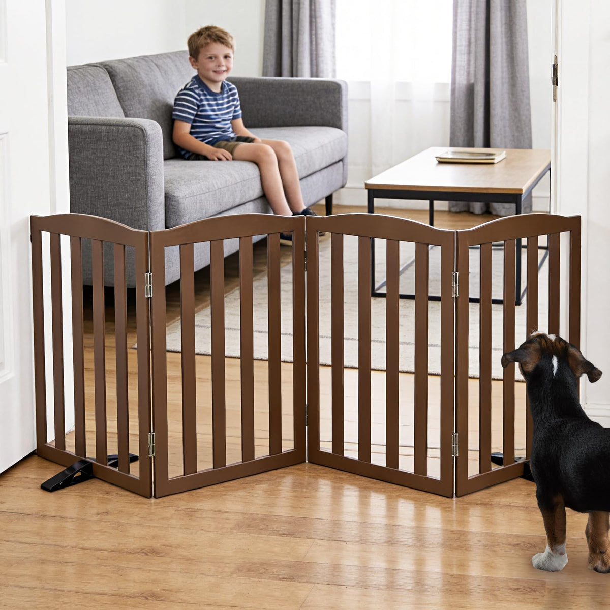 ZJSF Foldable Freestanding Indoor Dog Gate for House Wood White Long Pet Gates Dog Fence for Stairs Puppy Gates for Hallways,Pet Fence, Puppy Gate,Support Feet Included 24 "Height-3 Panels