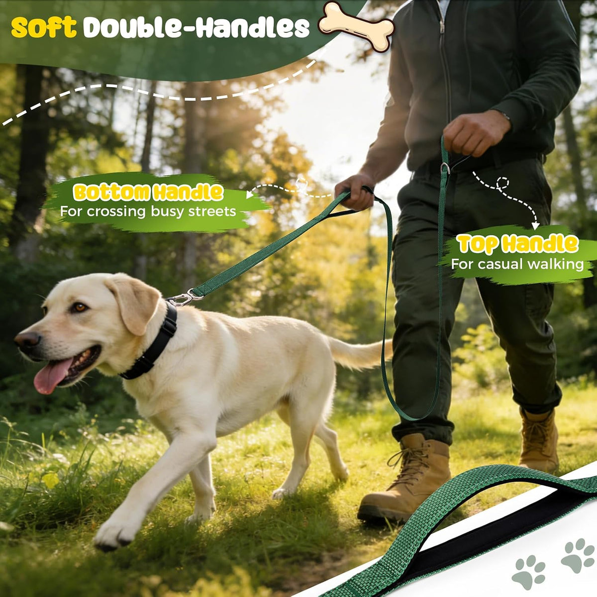 Heavy Duty Dog Leash with Easy Lock Metal Clip, Reflective, Padded Handle - Durable 4ft Walking Training Green Leash for Large, Medium, Small Dogs, Jogging, Hiking, and Outdoor Use