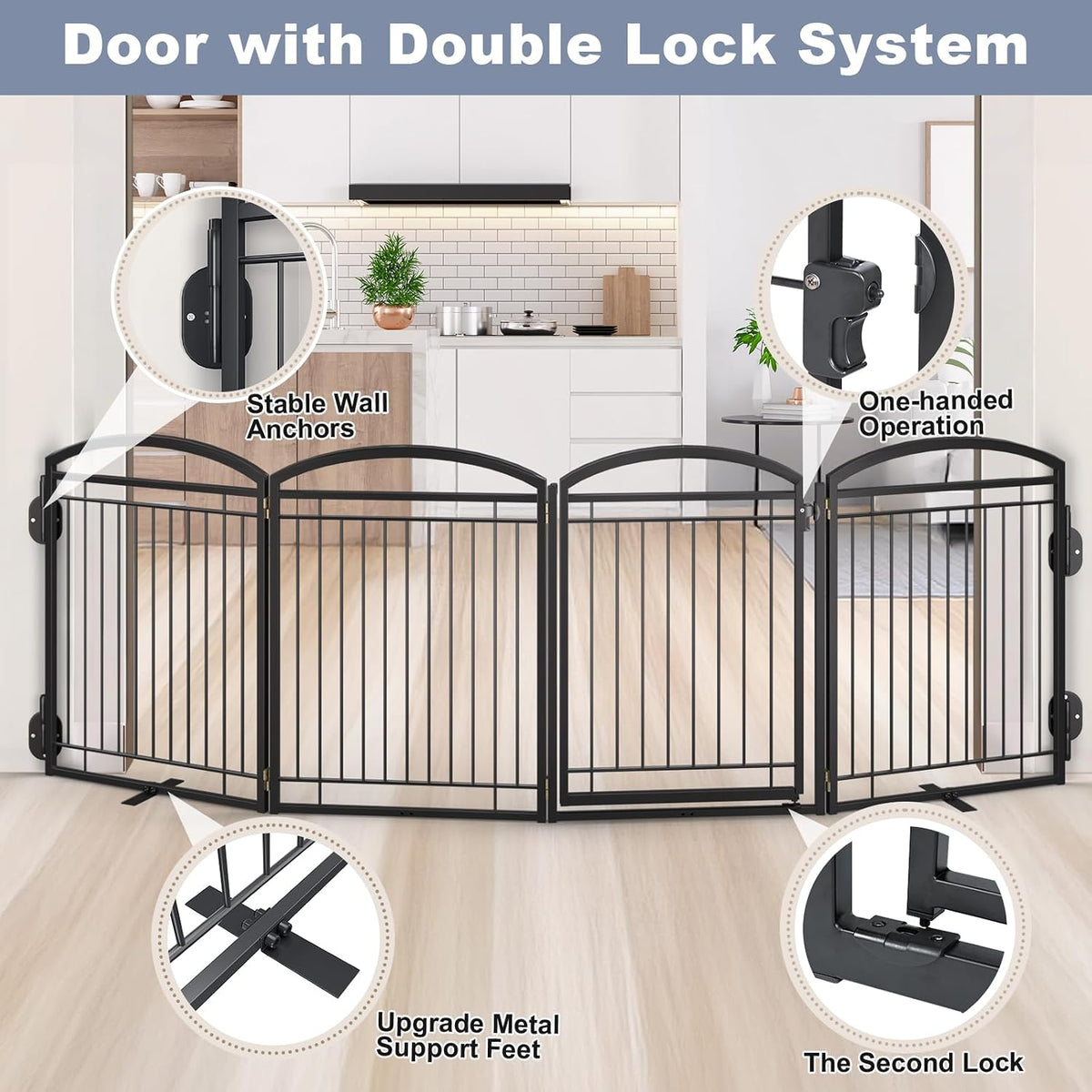 Full Metal Free Standing Dog Gate with Door for Outdoor Indoor,96'' Extra Wide 36'' Tall Dog Gates for Doorways,Large Openings,Decks,Porch,Freestanding Portable Pet Fence(4 Panels,Black)