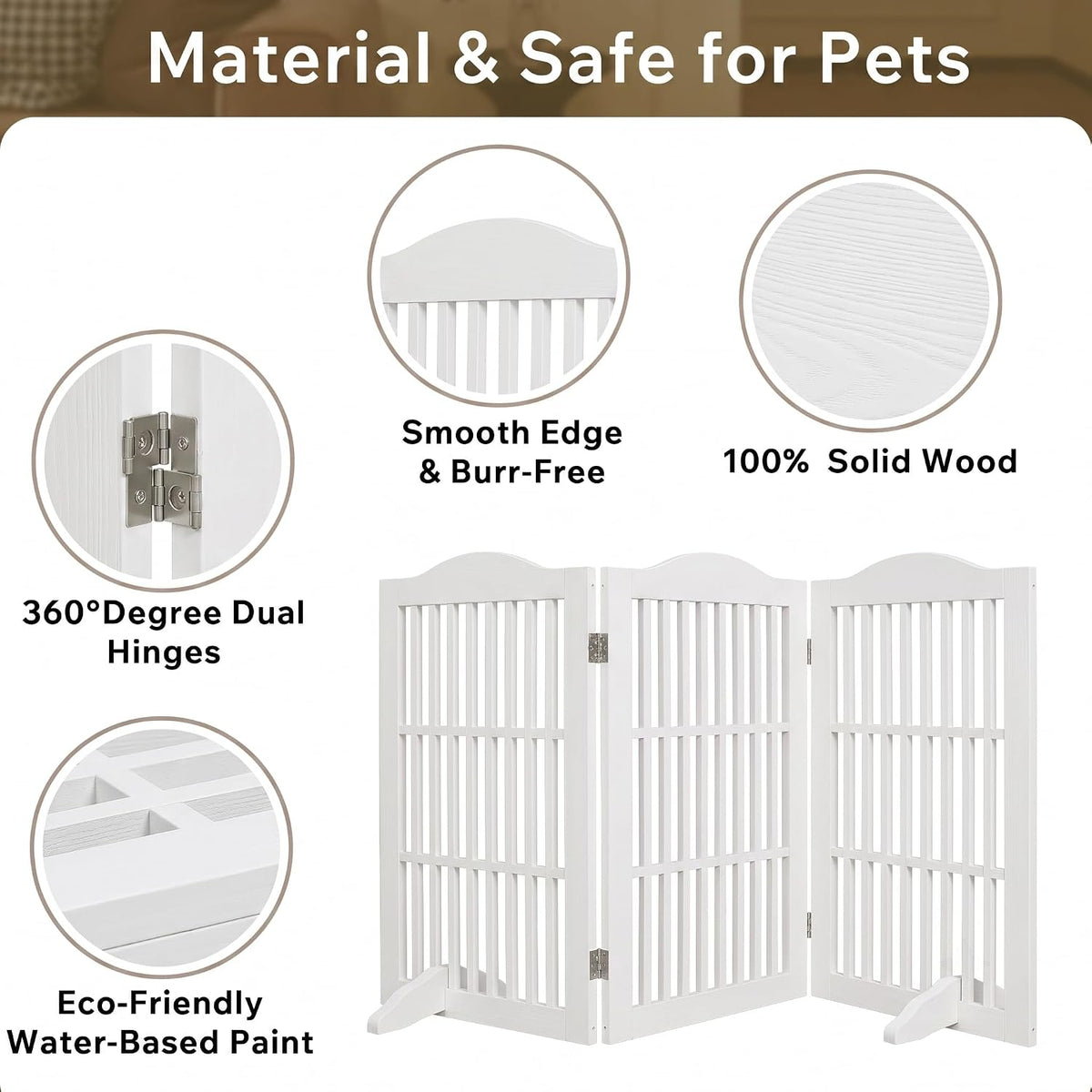 Wooden Freestanding Pet Gate, 3-Panel, 30" Tall, White