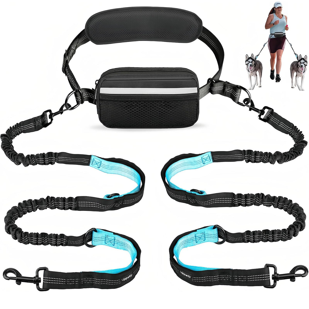 Uppetly Hands Free Dog Running Leash with Waist Belt, Dual Handle Elastic Bungees Retractable Rope for Medium and Large Dogs, Reflective Stitches for Walking Hiking Biking (Large Pink, 25-120lb