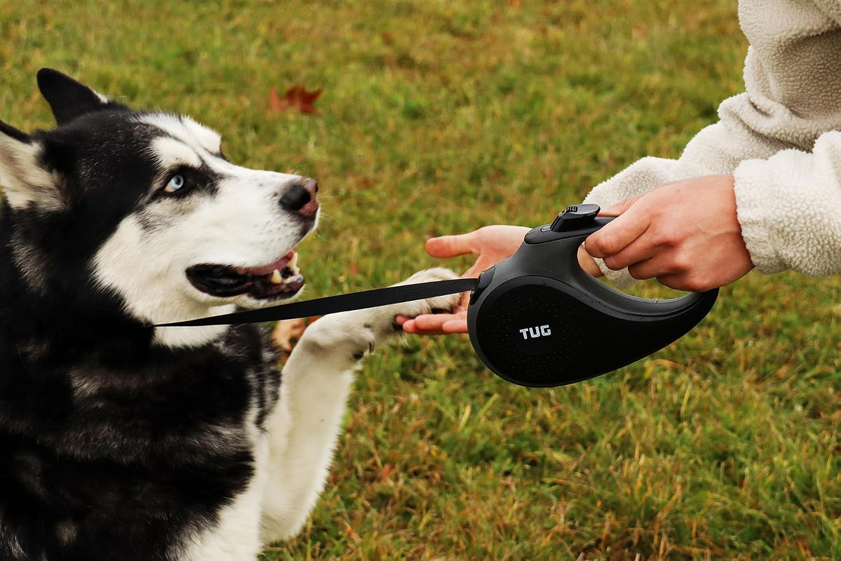 TUG Original Retractable Dog Leash, Anti-Slip, 16’ Tape (Large, Black/Grey)