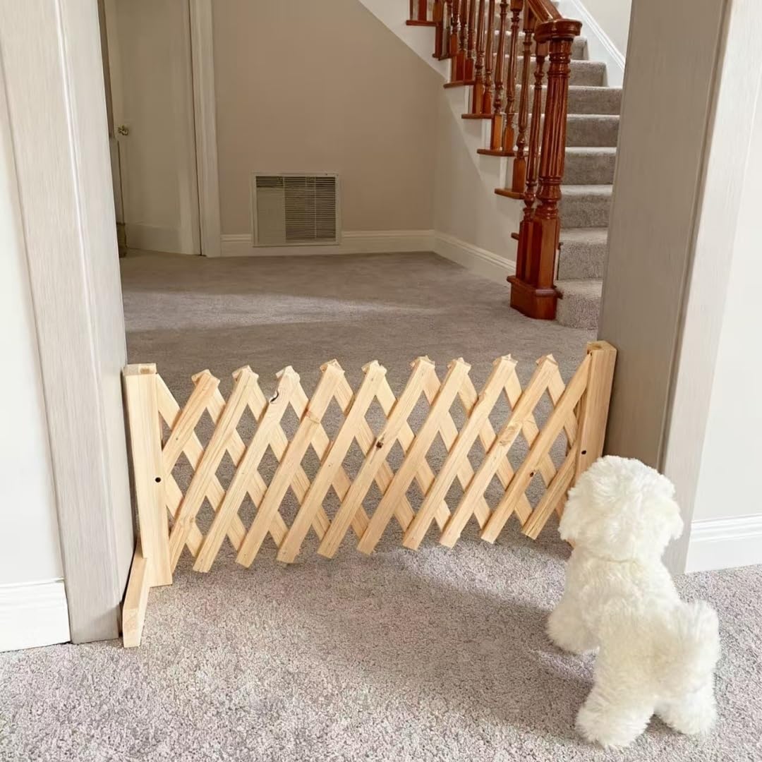 Expandable Wooden Dog Gate, Indoor Outdoor Dog Fence(Wood,L)