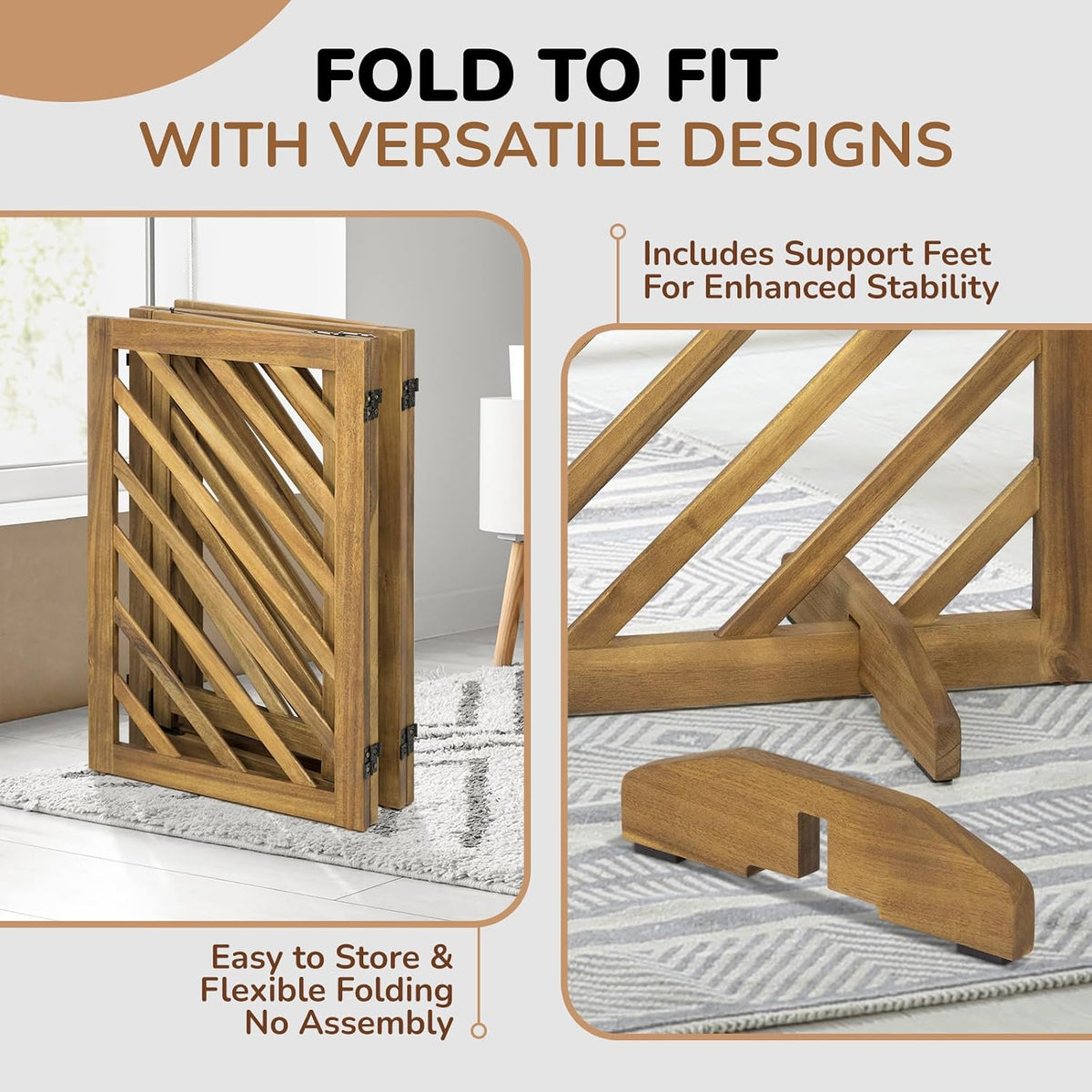 dCee Solid Acacia Wood Dog Gate, Freestanding Walk-Through Pet Gate, 81" 4-Panel Foldable Wooden Dog Gates with Door & 2 Support Legs for Doorways, Kitchen, Hall, Stairs, Indoor & Outdoor