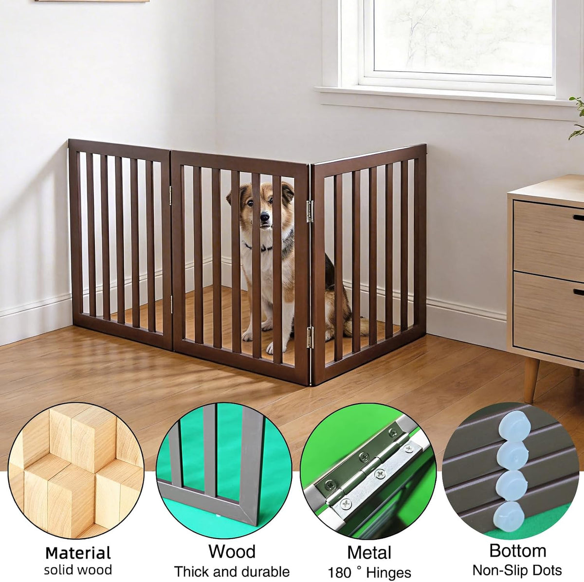 Dog Gate Indoor, Freestanding Dog Fence for The House, Doorways, Hallways,or Stairs,Pet Gate Foldable Wooden,Expandable 24" Height 3 Panels,Brown