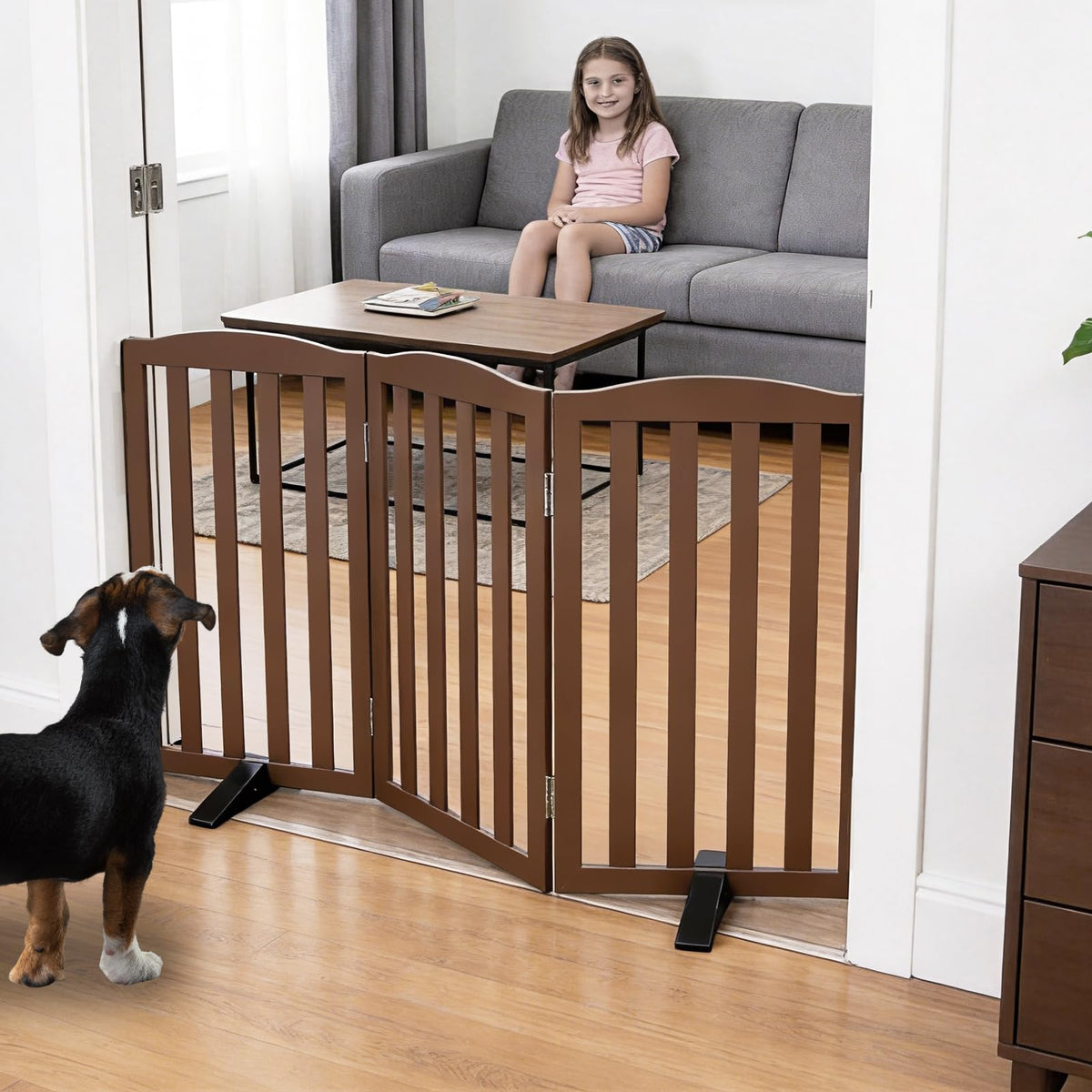 ZJSF Foldable Freestanding Indoor Dog Gate for House Wood White Long Pet Gates Dog Fence for Stairs Puppy Gates for Hallways,Pet Fence, Puppy Gate,Support Feet Included 24 "Height-3 Panels