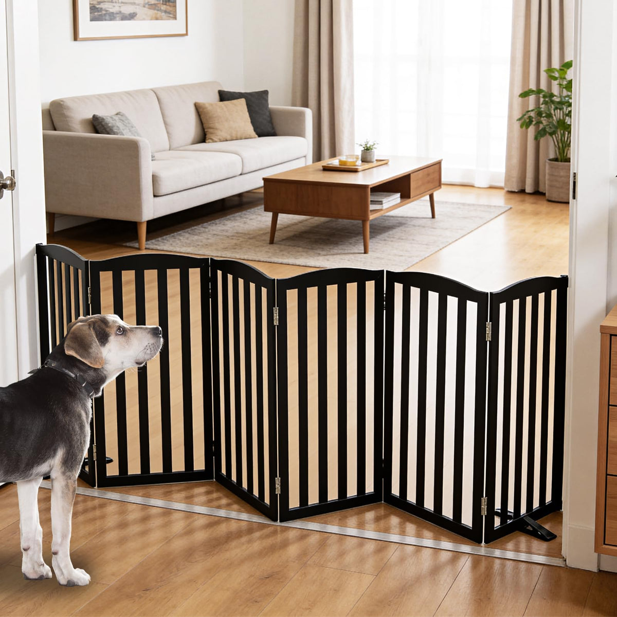 ZJSF Foldable Freestanding Indoor Dog Gate for House Wood White Long Pet Gates Dog Fence for Stairs Puppy Gates for Hallways,Pet Fence, Puppy Gate,Support Feet Included 24 "Height-3 Panels