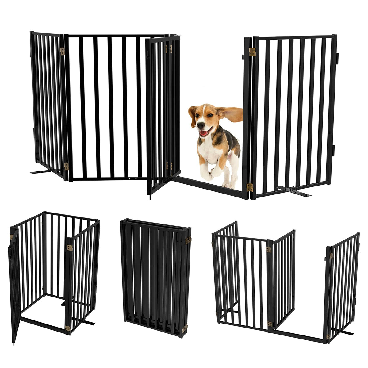 Full Metal Freestanding Dog Gates with Door, 36" Height Dog Fences for Indoor & Outdoor, Extra Wide Foldable Pet Gates for Stairs, Hallways, Doorways, Yard (4 Panels, 80" W × 36" H)
