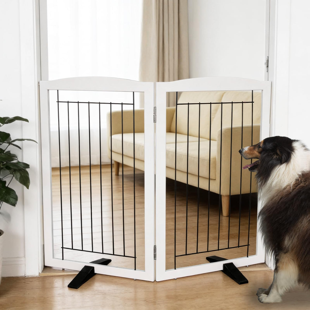 Dog Fence Indoor,Dog Gate Indoor for Doorway pet gate -3-Panel Freestanding, Hallways, House or Stairs -60x24-Inch Retractable Foldable Expandable Wood Pet by SFJC (Brown) ﻿