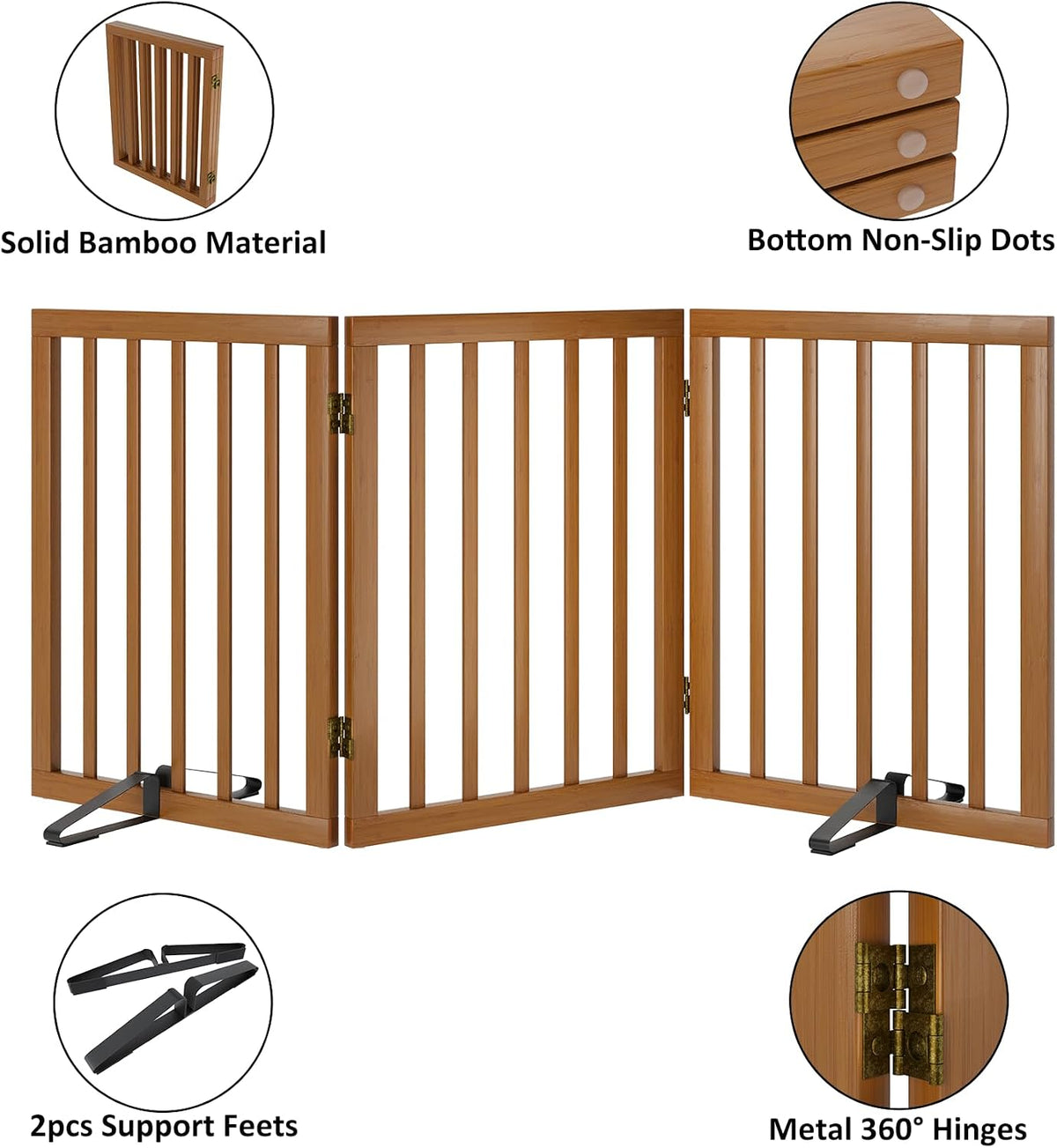 Freestanding Pet Gate Foldable Dog Gate (55 inches Wide) Walnut Bamboo Dog Gates for Stairs Doorways House (2 Support Feet Included)