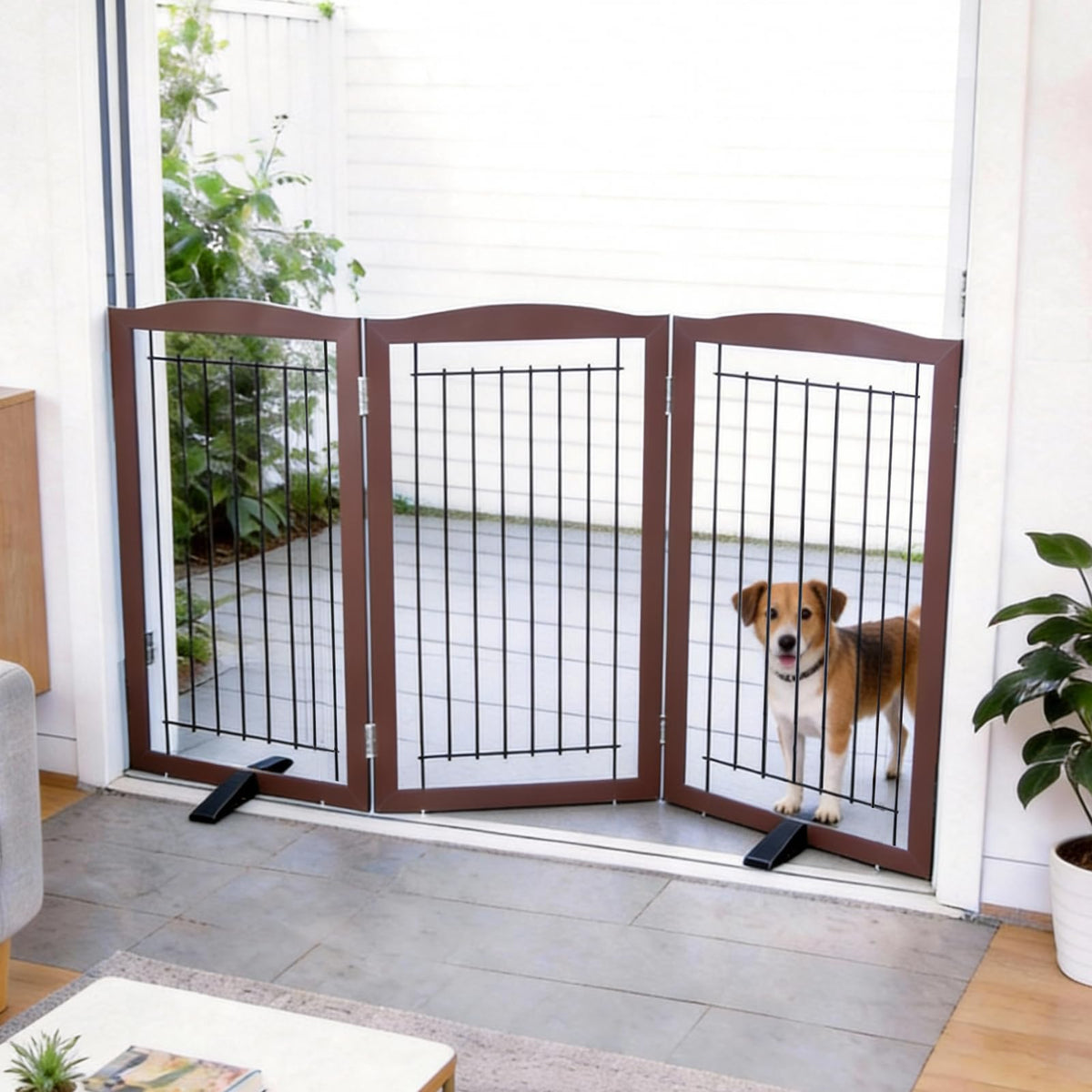 ZJSF Freestanding Dog Fence Indoor, Foldable Dog Gate for Doorways, Stairs or Hallways, Sturdy Wood Extra Wide Pet Gate with Support Feet for The House, White, 24 "Height-3 Panels
