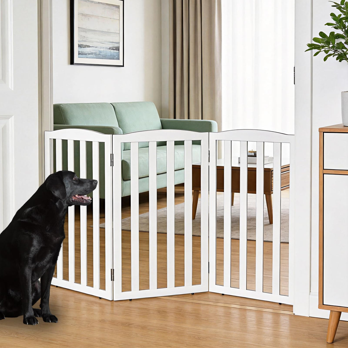 Freestanding Dog Gate Indoor,Doggie Gate Foldable Pet Gates for Doorways,Stairs or Hallways, Wooden White Pet Gate for the House, Pet Fence with Support Feet Included,24 "Height-3 Panels