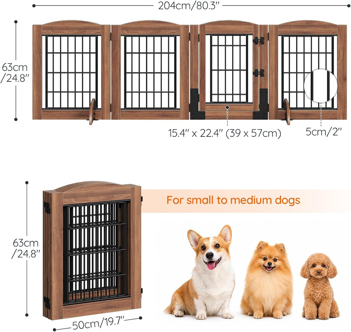 HOOBRO 4 Panels Dog Gate Indoor with Door, 24.8'' Tall Freestanding Pet Gate with 2 Support Feet, Foldable Dog Fence for Doorways, Stairs, Wooden Pet Puppy Safety Fence, Walnut BH85PP03N1