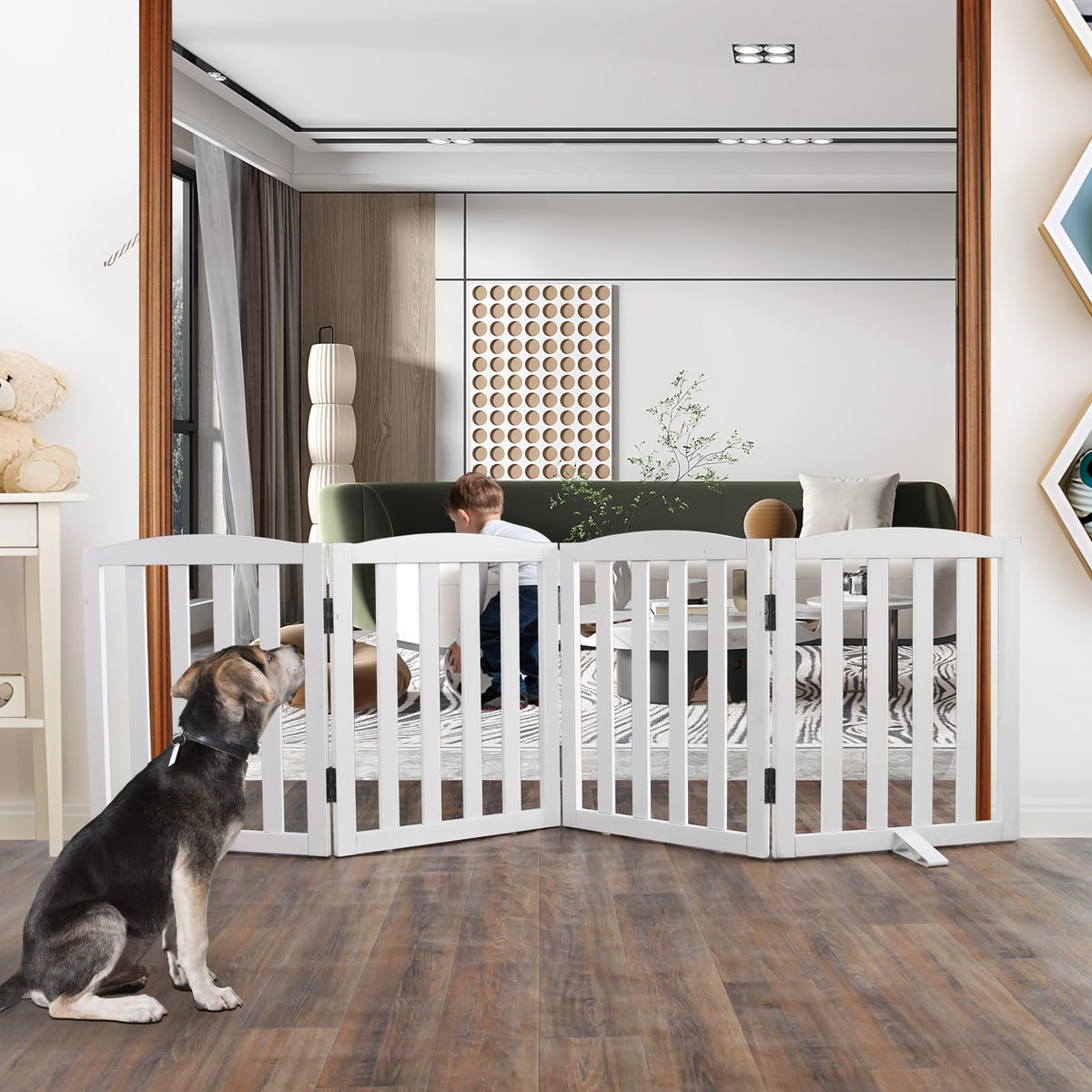 ZJSF Foldable Freestanding Indoor Dog Gate for House Wood White Long Pet Gates Dog Fence for Stairs Puppy Gates for Hallways,Pet Fence, Puppy Gate,Support Feet Included 24 "Height-3 Panels