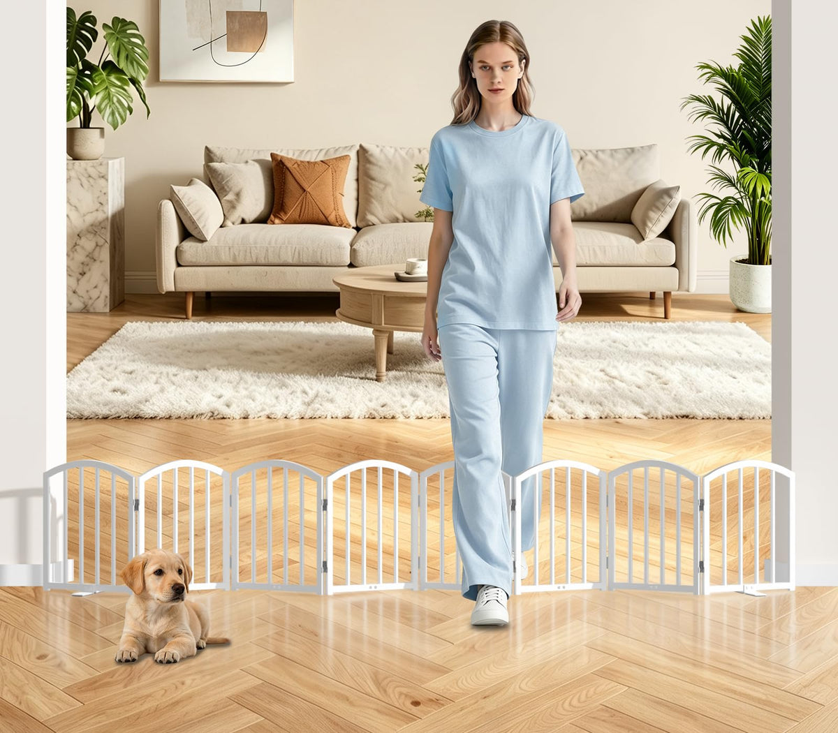 SNUOWU 16 Inch Full Metal Freestanding Short Dog Gate for Small Dogs, Foldable 4-Panel Pet Barrier, Expands Up to 48" Wide, Indoor Safety Fence for Doorway, Home & Stairs, White