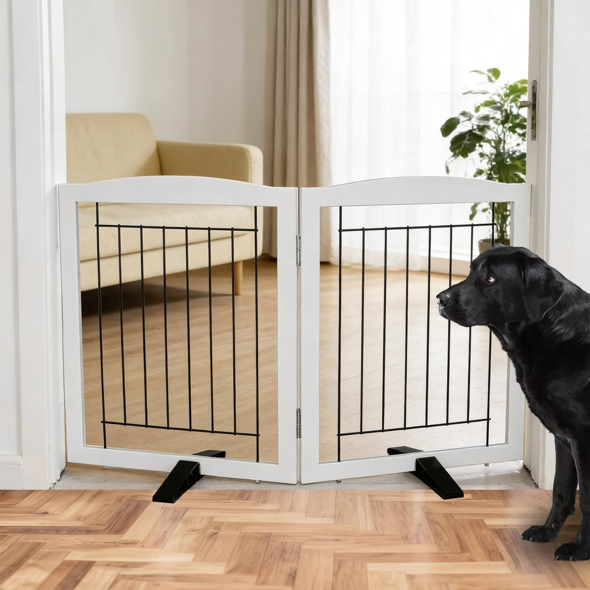 Dog Fence Indoor,Dog Gate Indoor for Doorway pet gate -3-Panel Freestanding, Hallways, House or Stairs -60x24-Inch Retractable Foldable Expandable Wood Pet by SFJC (Brown) ﻿