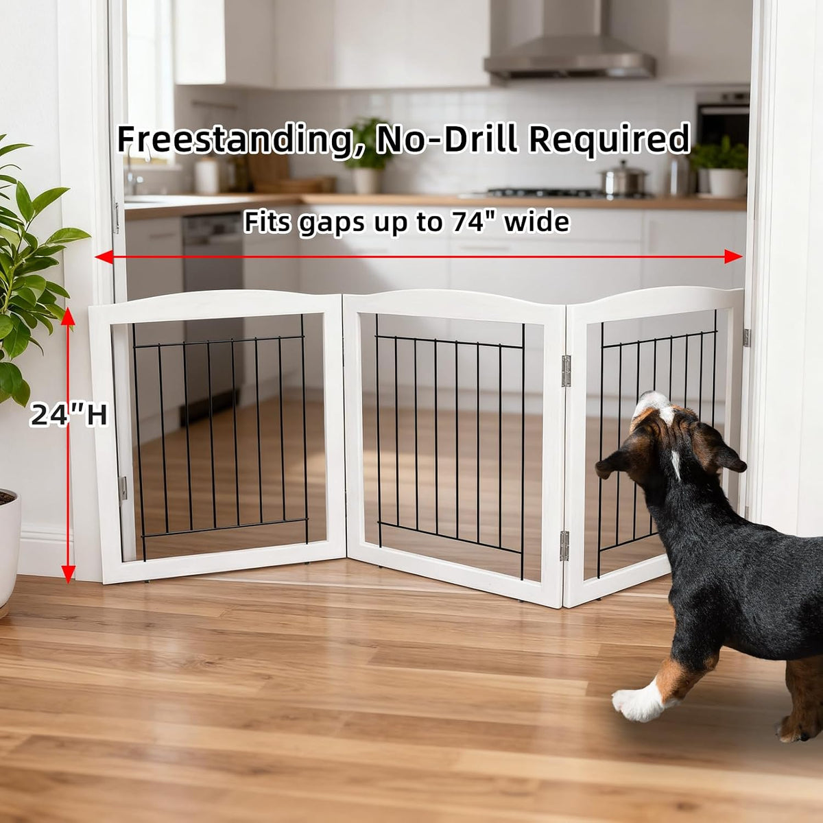 ZJSF Freestanding Foldable Dog Gate for House Extra Wide Wooden White Indoor Puppy Gate Stairs Doorways Pet Gate Tall Dog Fence 3 Panels Fence