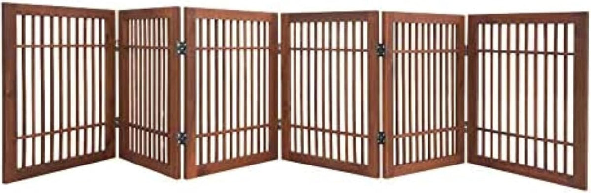 Urnporium Freestanding Wooden Dog Gate Foldable Indoor Pet Gate No Drill Expandable Barrier for Doorways Stairs Hallways Portable Wood Fence for Small Dogs & Puppies (Brown Pet Gate, 6 Panel 24" Tall)