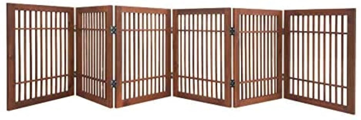 Urnporium Freestanding Wooden Dog Gate Foldable Indoor Pet Gate No Drill Expandable Barrier for Doorways Stairs Hallways Portable Wood Fence for Small Dogs & Puppies (Brown Pet Gate, 3 Panel 24" Tall)
