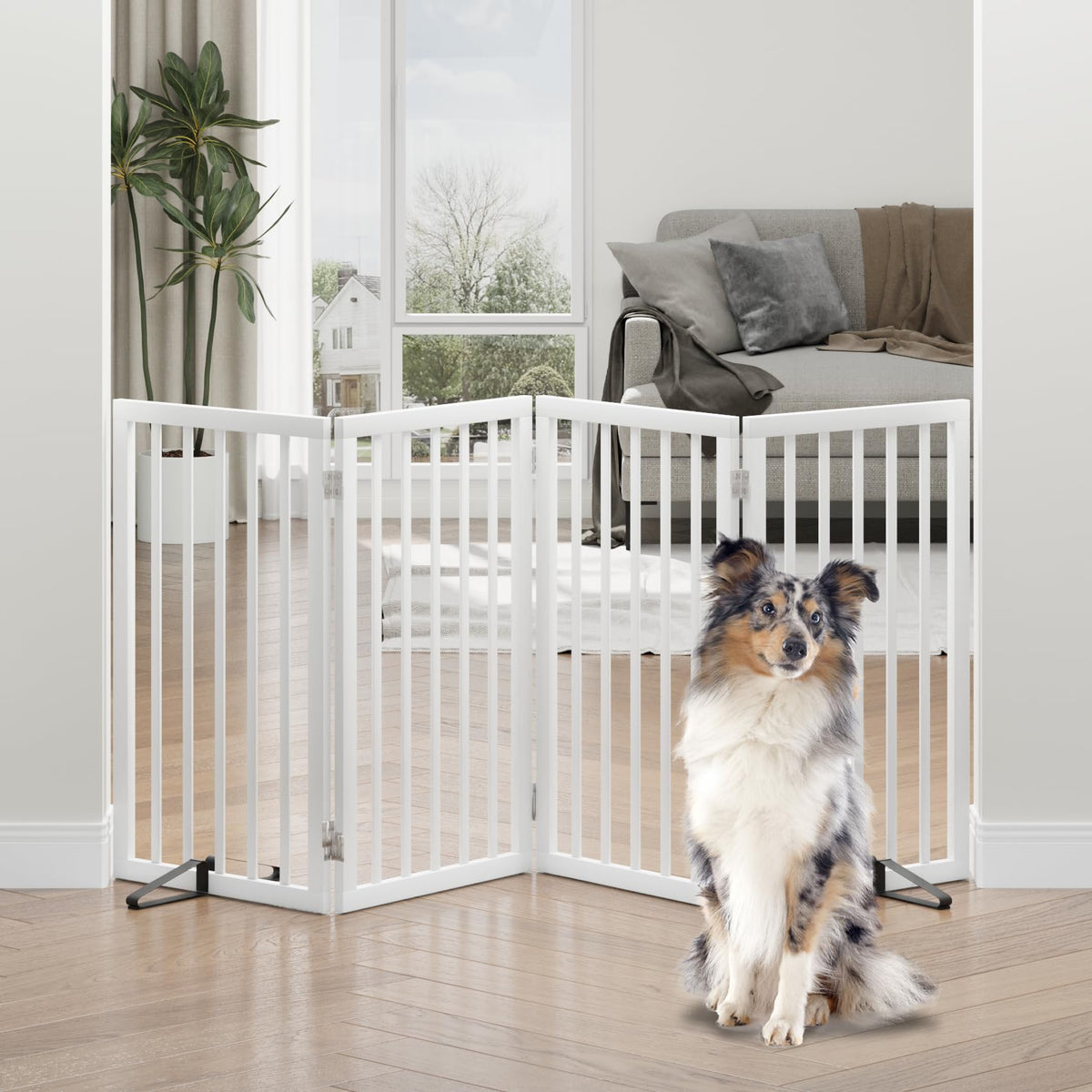Dog Gates for Doorways, Tall Dog Gate Indoor, Foldable Pet Gates for Doorways Bedroom, Freestanding Puppy Gate with Metal Support Feet, Room Divider,3 Panels (Walnut)