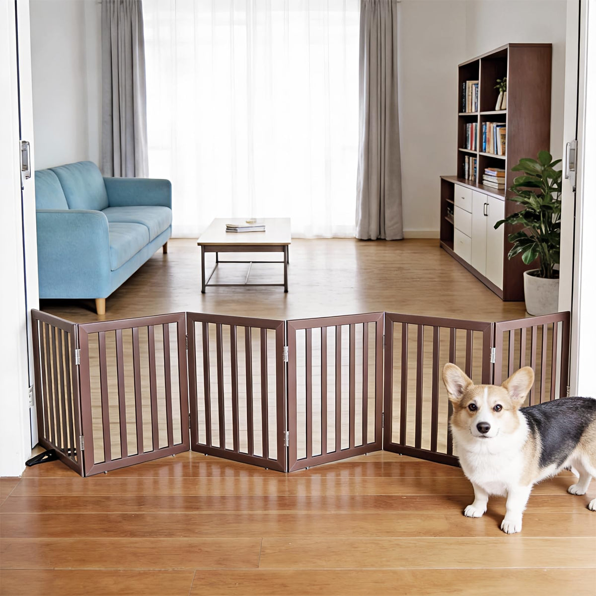 Dog Gate Indoor, Freestanding Dog Fence for The House, Doorways, Hallways,or Stairs,Pet Gate Foldable Wooden,Expandable 24" Height 3 Panels,Brown