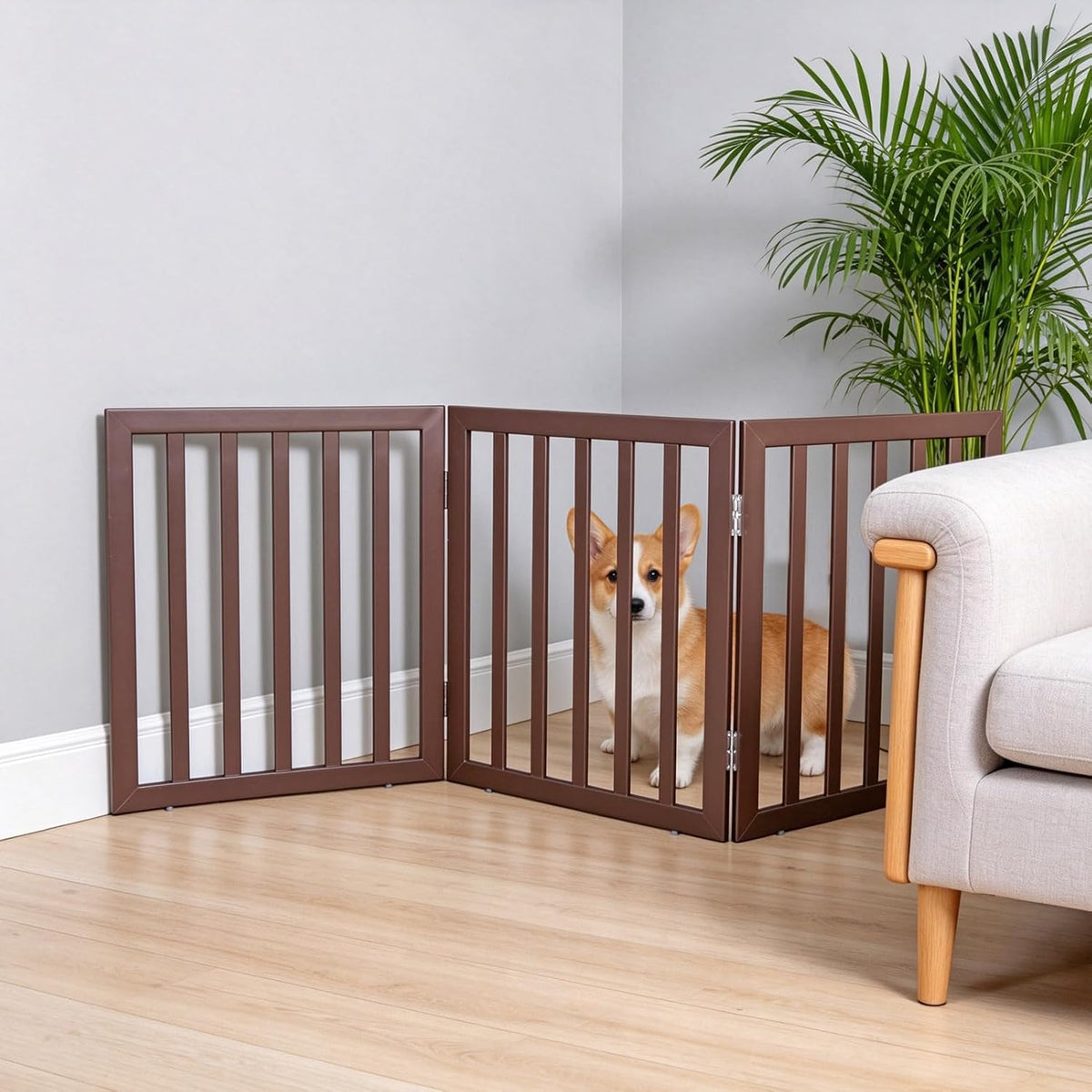 Dog Gate Indoor, Freestanding Dog Fence for The House, Doorways, Hallways,or Stairs,Pet Gate Foldable Wooden,Expandable 24" Height 3 Panels,Brown