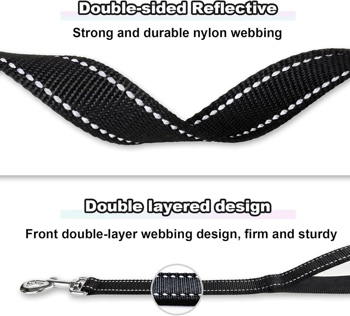 Triple Handle 6 ft Dog Leash with Padded Traffic Handles, Heavy Duty Reflective Walking Lead for Training Control, Strong Nylon Leashes for Medium Large Breed Dogs (Black)