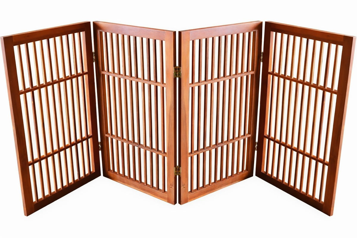 Urnporium Freestanding Wooden Dog Gate Foldable Indoor Pet Gate No Drill Expandable Barrier for Doorways Stairs Hallways Portable Wood Fence for Small Dogs & Puppies (Brown Pet Gate, 6 Panel 24" Tall)