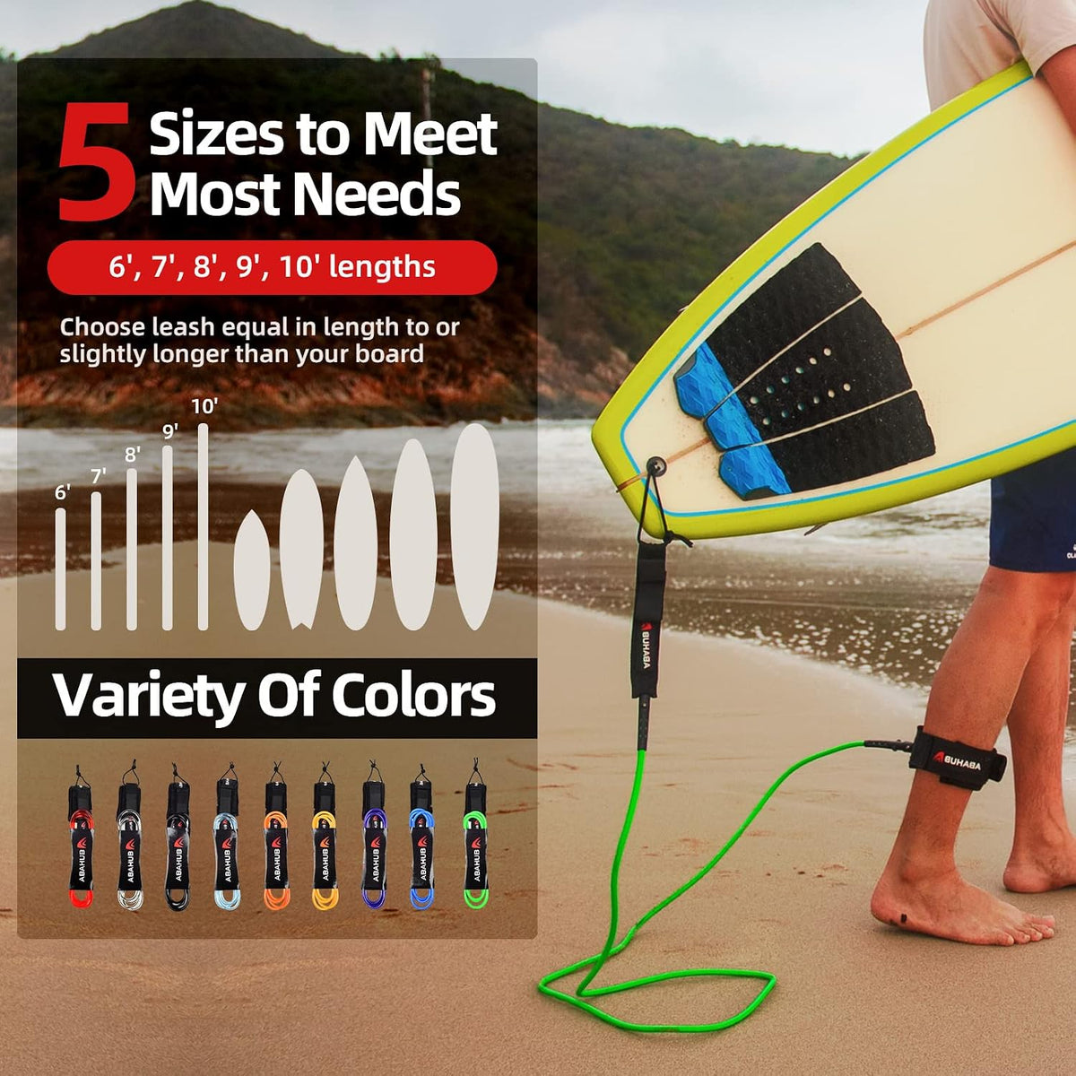 Abahub Surfboard Leash, 6/7/8/9/10 ft Straight Legrope Strap for Boards