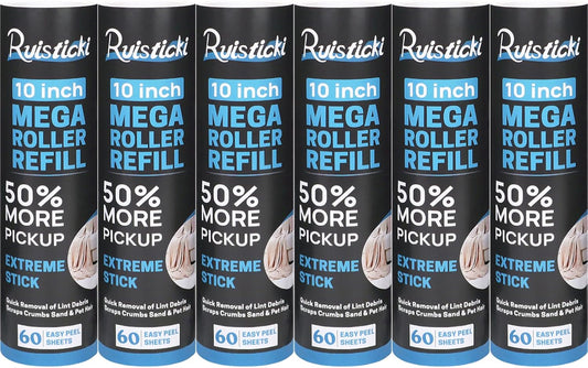 10 inch Ultra Sticky Mega Roller Refills for Evercare Layers Smart Design Large Lint Rollers 50% More Pickup Pet Hair Remover 60 Sheets Each Refill 6 Pack 360 Sheets Total