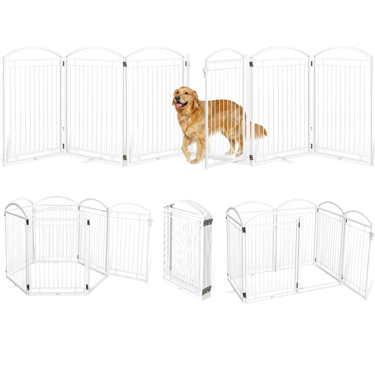 Full Metal Free Standing Dog Gate with Door for Outdoor Indoor,96'' Extra Wide 36'' Tall Dog Gates for Doorways,Large Openings,Decks,Porch,Freestanding Portable Pet Fence(4 Panels,Black)