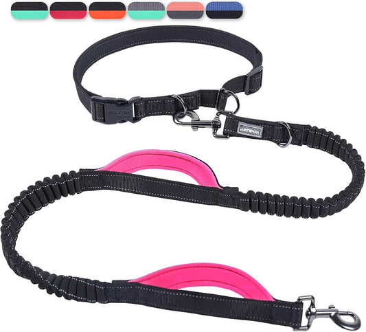 VIVAGLORY Hands Free Dog Leash Bungee Waist Leash for Dog, S, Black/Pink2