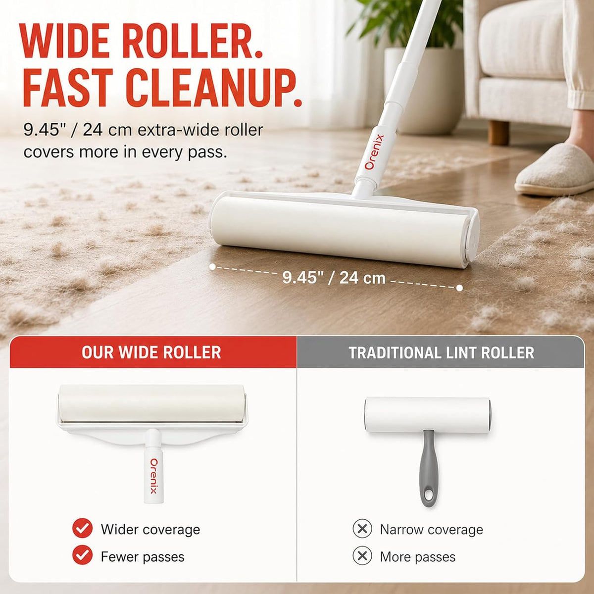 Long Handle Extra Sticky Large Lint Roller for Pet Hair, 6 Rolls 600 Sheets