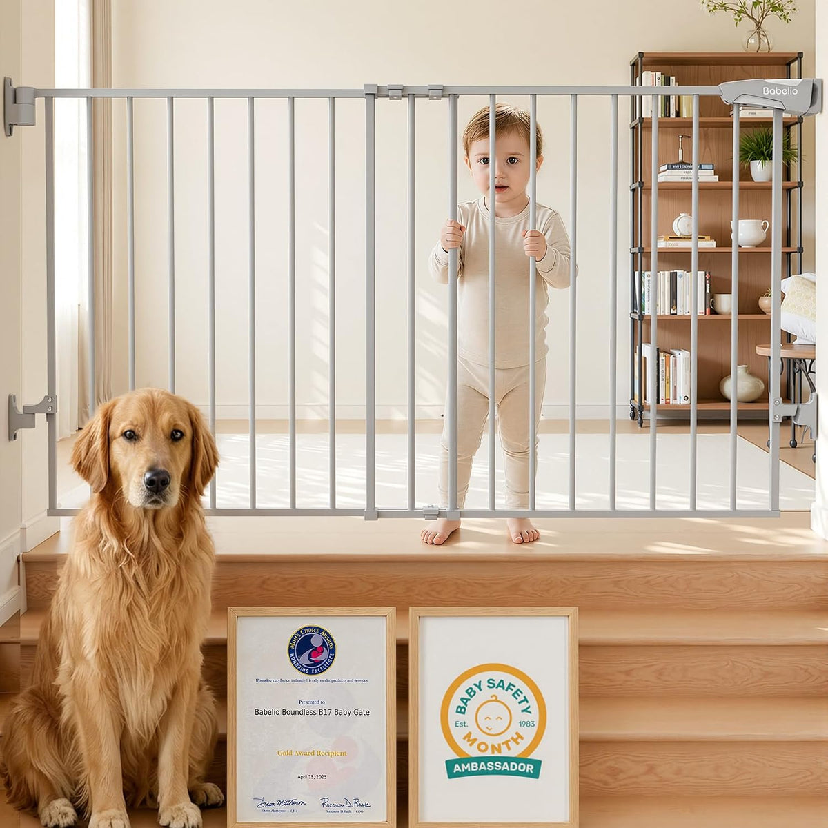 Babelio 34" Extra Tall No Bottom Bar Baby Gate, 26-43", Brown Wood Pattern