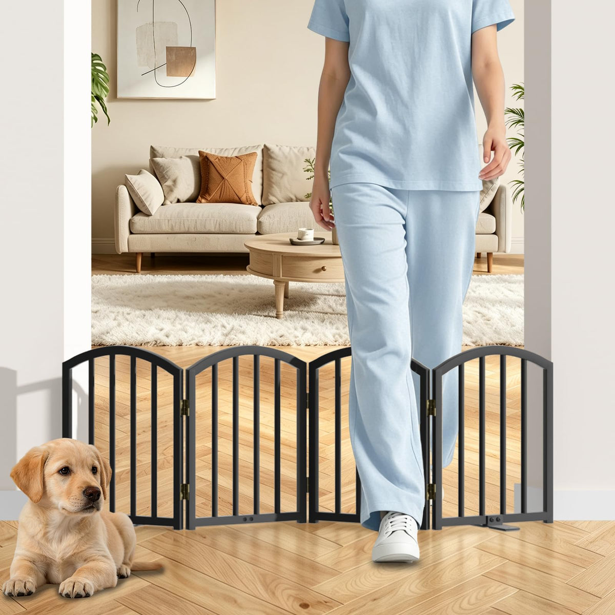 SNUOWU 16 Inch Full Metal Freestanding Short Dog Gate for Small Dogs, Foldable 4-Panel Pet Barrier, Expands Up to 48" Wide, Indoor Safety Fence for Doorway, Home & Stairs, White