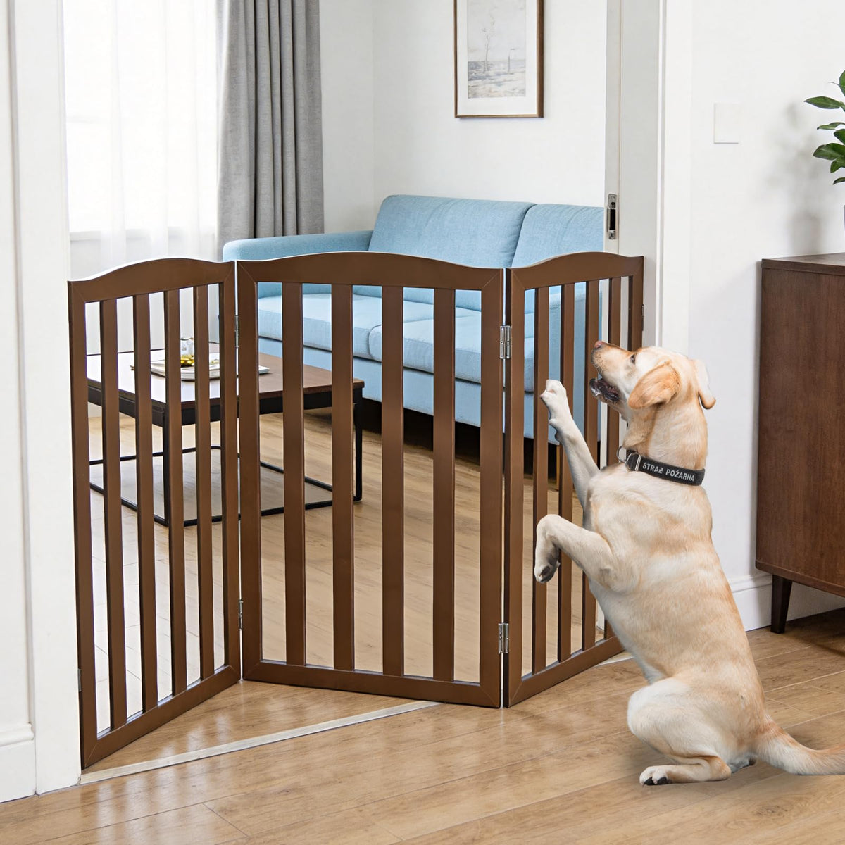 Freestanding Dog Gate Indoor,Doggie Gate Foldable Pet Gates for Doorways,Stairs or Hallways, Wooden White Pet Gate for the House, Pet Fence with Support Feet Included,24 "Height-3 Panels