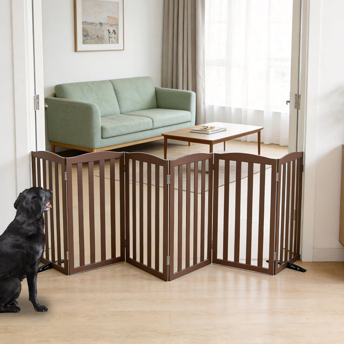 Freestanding Dog Gate Indoor,Doggie Gate Foldable Pet Gates for Doorways,Stairs or Hallways, Wooden Brown Pet Gate for the House, Pet Fence with Support Feet Included,24 "Height-2 Panels