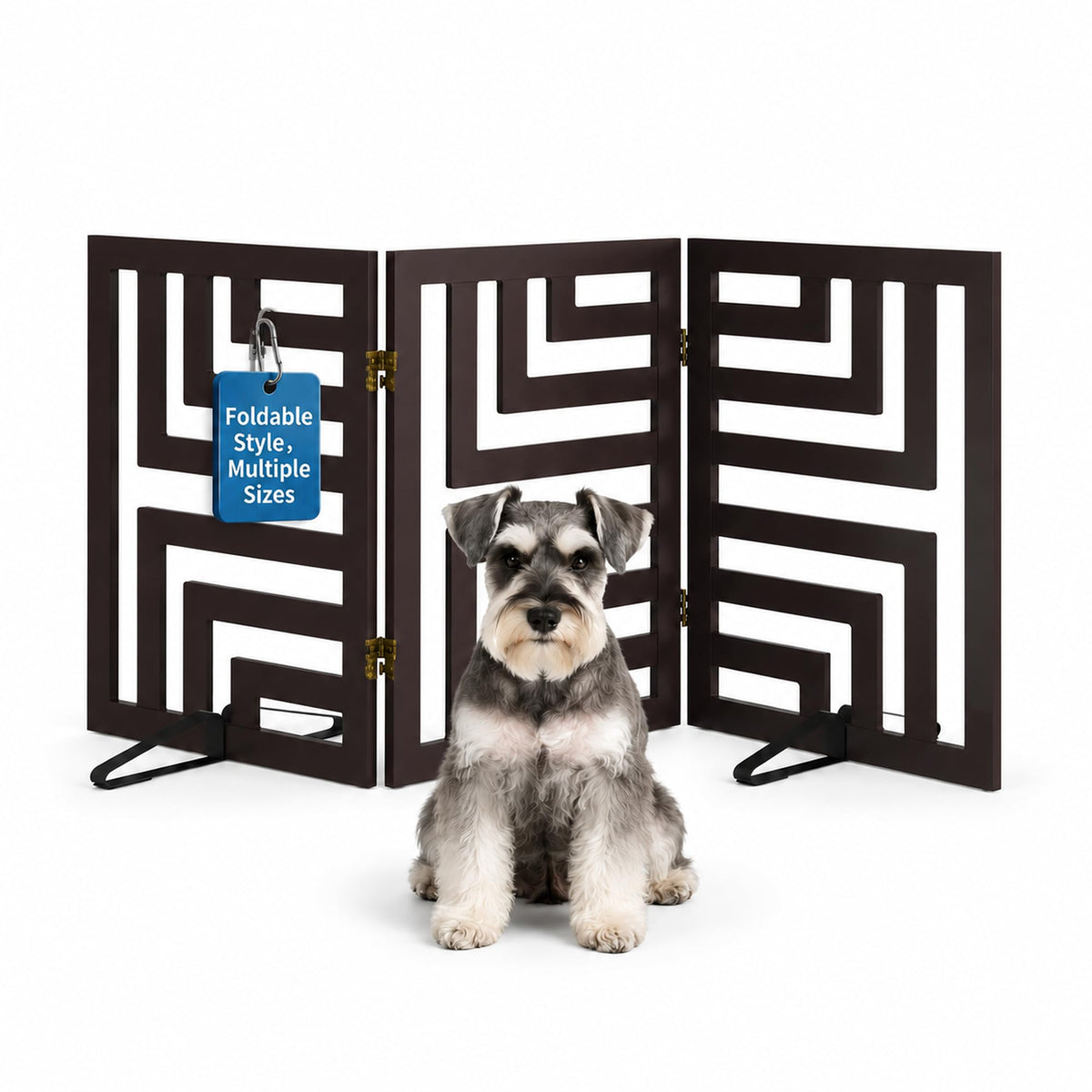 Semiocthome Dog Gate Wooden 360° Foldable 24 Inch Height Freestanding Pet Safety Gate with 2 Metals Stands for Puppy Indoor House Use (Brown, 2-Panel, Rounded Corner Pattern)