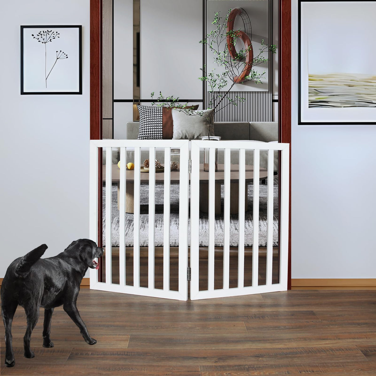 ZJSF Freestanding Indoor Dog Gate for House Foldable Wood Brown Puppy Gate for Doorways Pet Gate for Stairs Extra Wide Pet Fence 24" Height 2 Panels