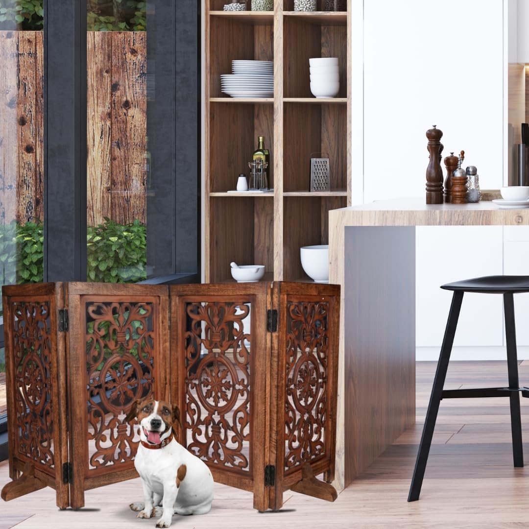 Homebia Wooden Pet Gate – Foldable 4 Panel Dog Barrier, Antique Burnt