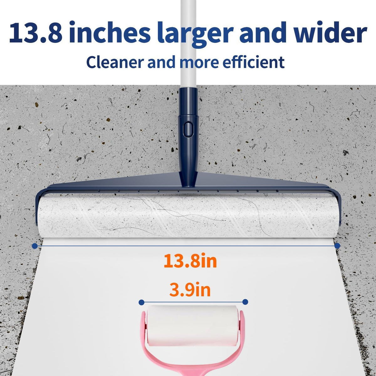 13.8in Large Big XL Jumbo Lint Roller for Floor with Long Handle, Mega Sticky Rollers Pet Hair Remover for Carpet, Bed,Couch，Furniture, Walls, Bathroom & Hair Collector Cleaner with Dog Cat Fur