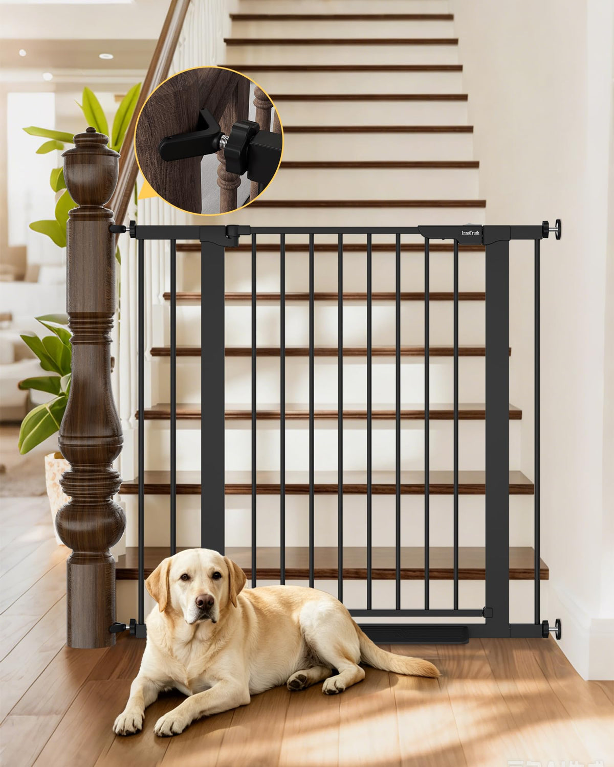 InnoTruth 29.6-39.1 in Wide Baby Gate for Stairs and Doorways, Brown