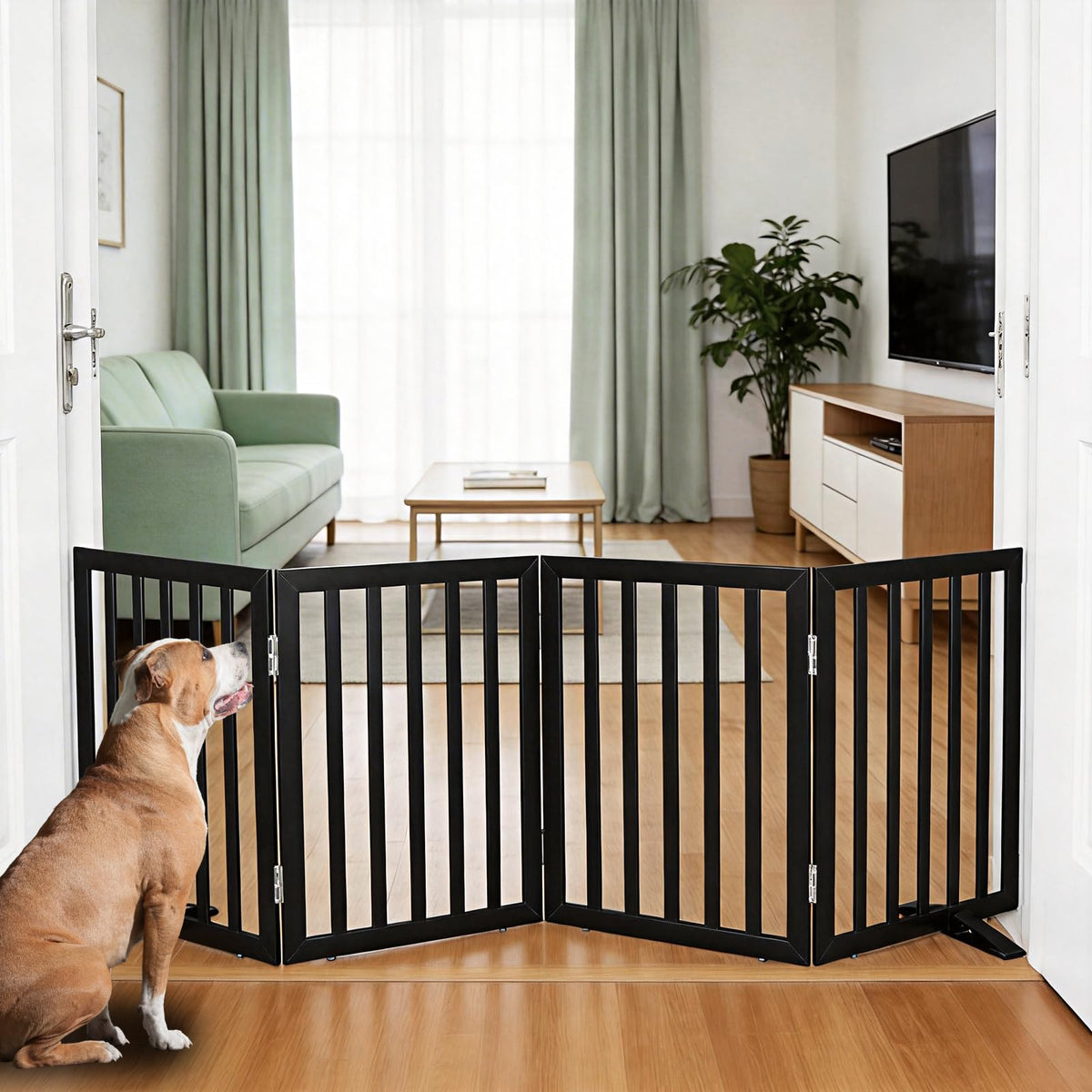 ZJSF Freestanding Indoor Dog Gate for House Foldable Wood Puppy Gate for Doorways Pet Gate for Stairs Extra Wide Pet Fence, Brown, 24" Height 3 Panels