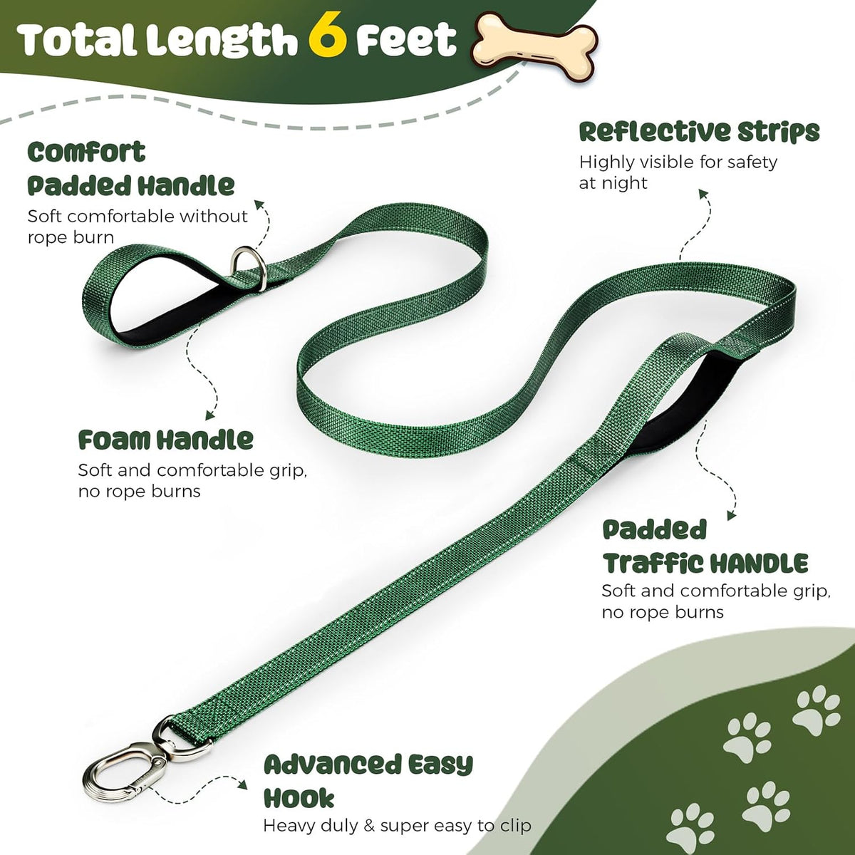 Heavy Duty Dog Leash with Easy Lock Metal Clip, Reflective, Padded Handle - Durable 4ft Walking Training Green Leash for Large, Medium, Small Dogs, Jogging, Hiking, and Outdoor Use