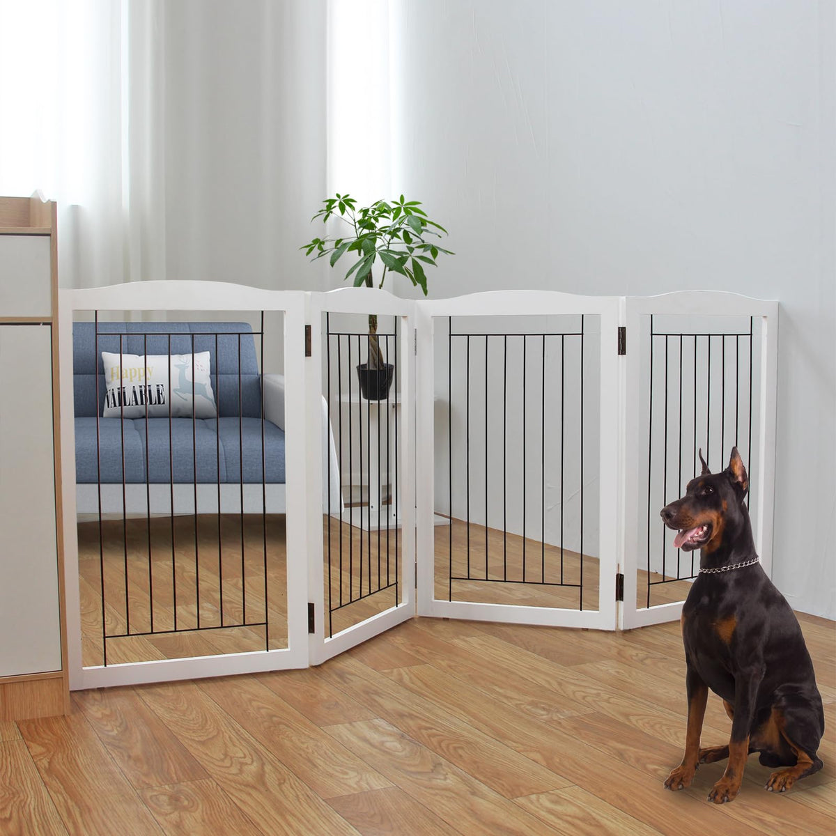 ZJSF Freestanding Foldable Dog Gate for House Extra Wide Wooden White Indoor Puppy Gate Stairs Doorways Pet Gate Tall Dog Fence 3 Panels Fence